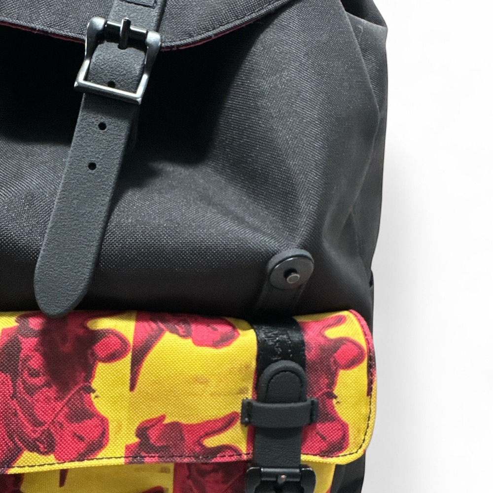 Herschel Supply Warhol Backpack Black Yellow Pink Cow Drawstring Snap Buckle EUC - Picture 4 of 14
